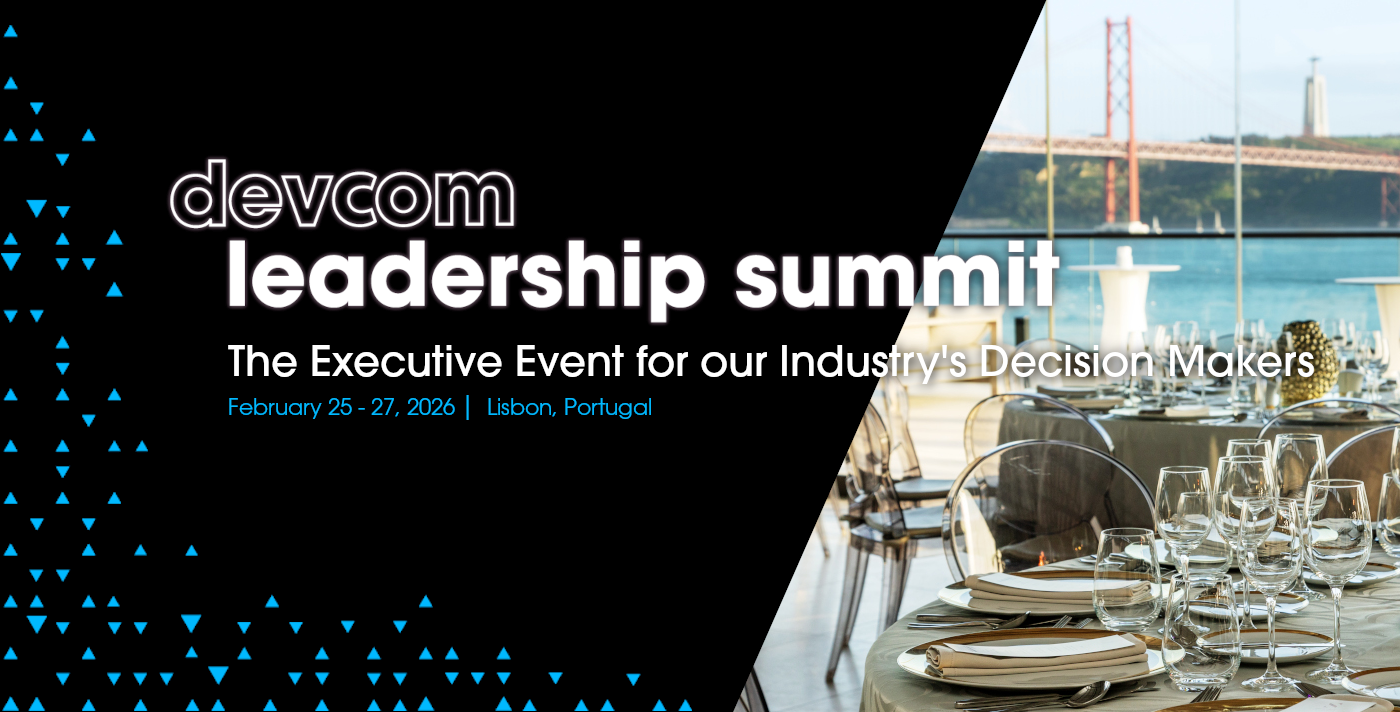Promo banner for the devcom leadership summit, February 25-27, 2026 in Lisbon, Portugal