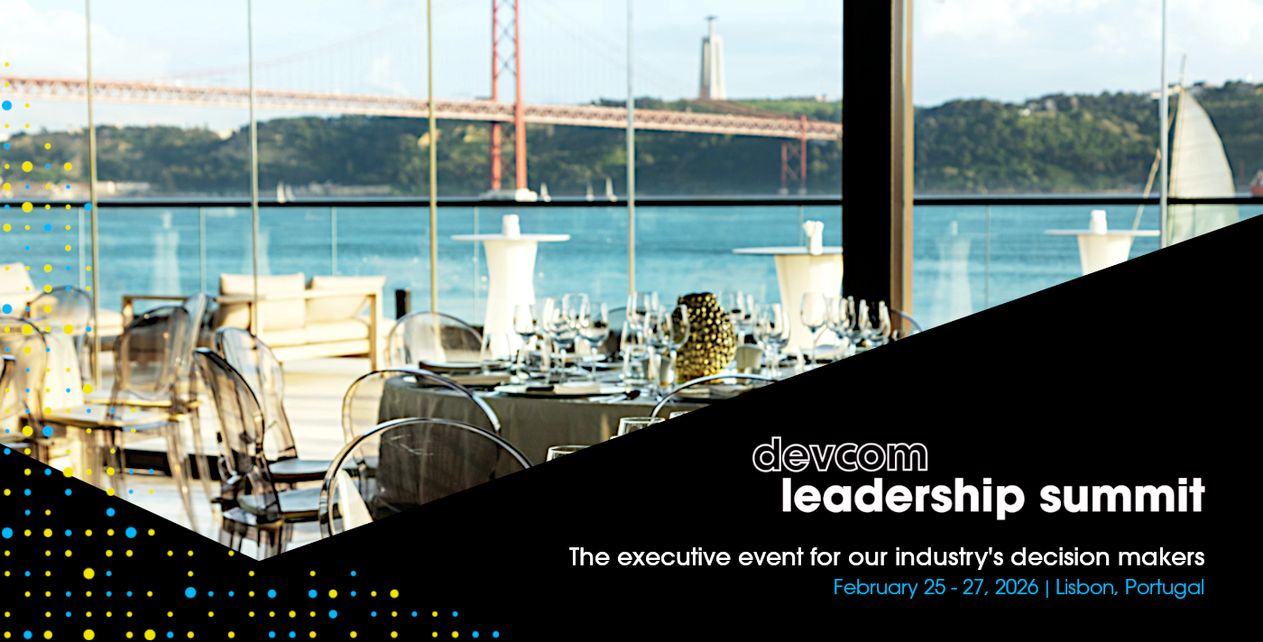 Promo banner for the devcom leadership summit, February 25-27, 2026 in Lisbon, Portugal